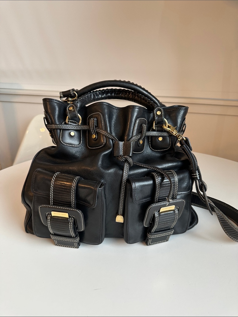 Michael Kors Black Leather Drawstring Satchel Bag - Converts to a Backpack.
